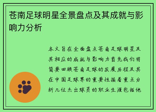 苍南足球明星全景盘点及其成就与影响力分析