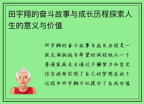 田宇翔的奋斗故事与成长历程探索人生的意义与价值