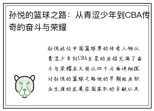 孙悦的篮球之路：从青涩少年到CBA传奇的奋斗与荣耀